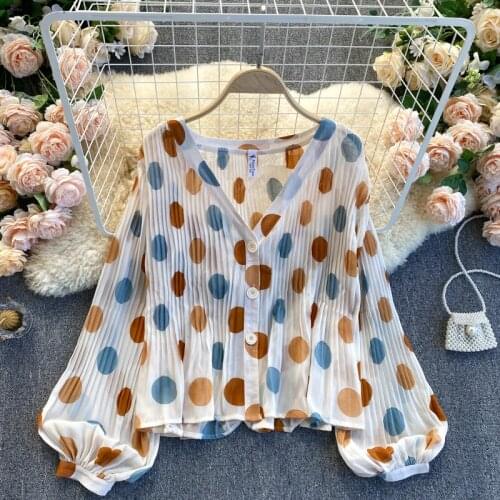 French Style Sweet Polka Dot Chiffon Blouse Elegant V Neck Single Breasted Femme Blusas Spring Slim Fit Pleated Shirts