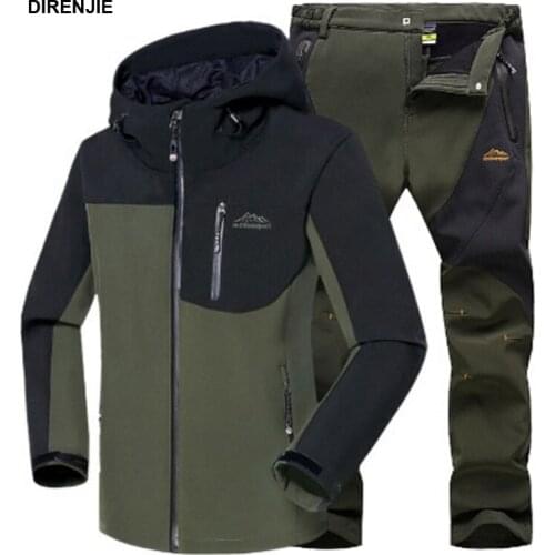 Man Winter Waterproof Fishing Skiing Warm Softshell Fleece Hiking Outdoor Trekking Camping Jacket Set + Pants 5XL S3