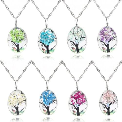 New Transparent Glass Tree of Life Necklace Oval Geometric Dried Flowers Necklace Pendant For Women Bohemian Fashion Jewelry