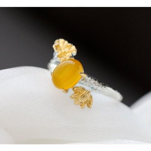 Authentic 925 Sterling Silver Rings Inlaid Natural Yellow Agate Lady Retro Charm Opening Adjustable Ring National Style Jewelry