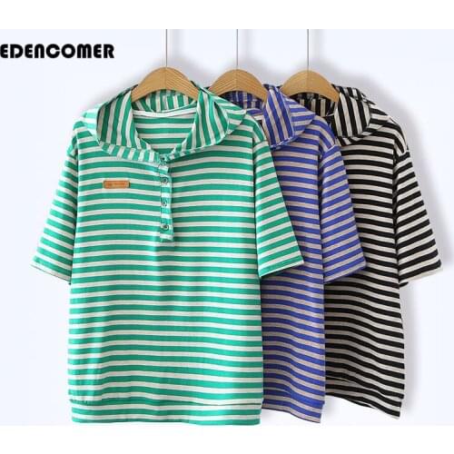 Plus Size Womens Summer Loose Super Thin Striped Hooded Cotton T-shirts 2021 Korean Style All-match Casual Short-sleeved Tops
