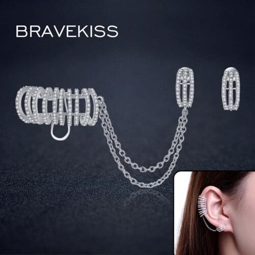 BRAVEKISS western pave crystal earrings ear cartilage cuff stud earrings with chain for women boucle pendientes BUE0243