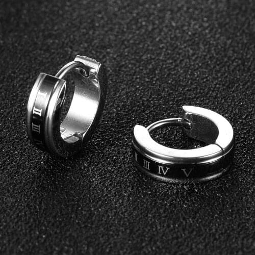 SexeMara Cool Stainless Steel Round Stud Earrings For Women/Men Roman numerals Pattern Silver Color Black Earrings