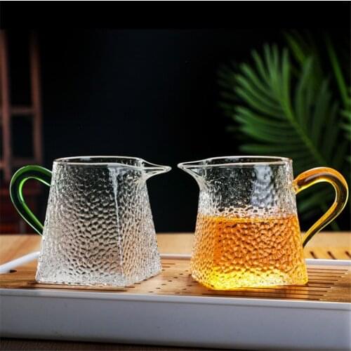 Hammer Texture Glass Tea Pitcher Creative Square Bottom Tea Cup Glass Milk Coffee Pot Colored Handle Water Jug