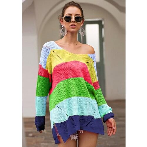 Loose Womens Blouse Knitted Patchwork Rainbow Stripe Print Shirts T-Shirt Sweater Womens Tops Shirt Costume Clothing