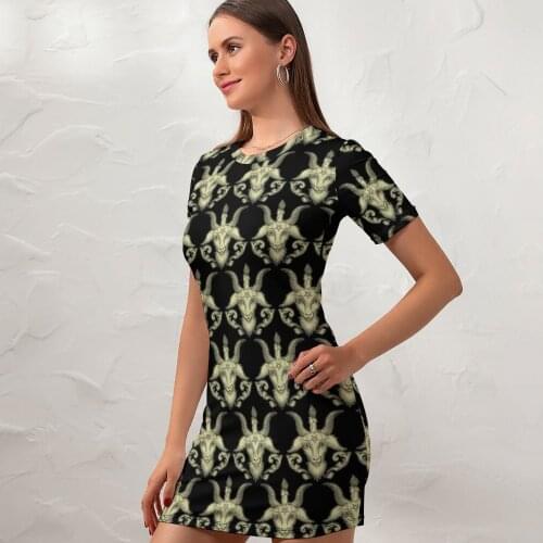 Baphomet Dress Short Sleeve Day Cheap Bodycon Aesthetic Girls Spandex Printed One-Piece