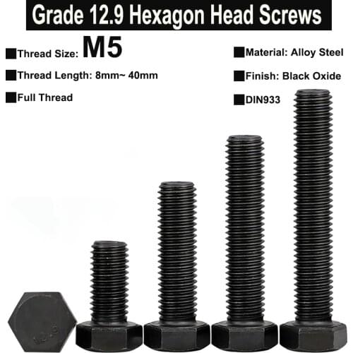 10Pcs M5 Grade 12.9 Alloy Steel Hexagon Head Screws High Strength Bolt Full Thread DIN933 Thread Length 8mm~40mm