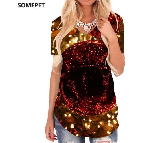SOMEPET Christmas T Shirt Women Shine Shirt Print Party Tshirts Printed Colorful V-neck Tshirt Womens Clothing Punk Rock Loose