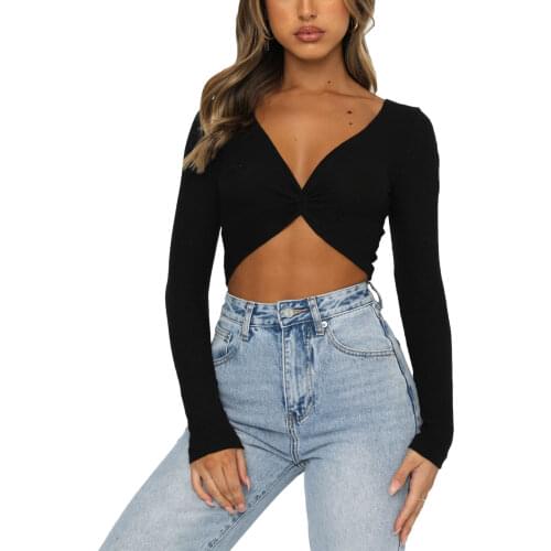 Female Crop Tops Solid Color Deep V-Neck Long Sleeve T-Shirt Knitwear for Spring Summer S/M/L