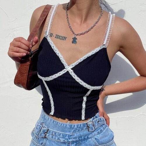 Womens Harajuku Y2k Sexy Summer Camisole Lace Stitching V-Neck Slimming Exposed Navel Tops 2021 Sling Tank Crop Top 2021