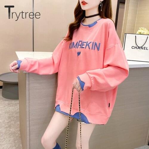 Trytree 2020 Autumn Woman Casual Tops for women Oversize Embroidery Letters Puff Sleeve Loose Streetwear Sweatshirt Women Top