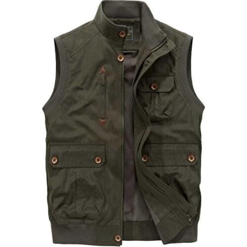 New Fashion Men Casual Vest with Multi Pocket Military Style Sleeveless Jacket Stand Collar Waistcoat Male Clothes