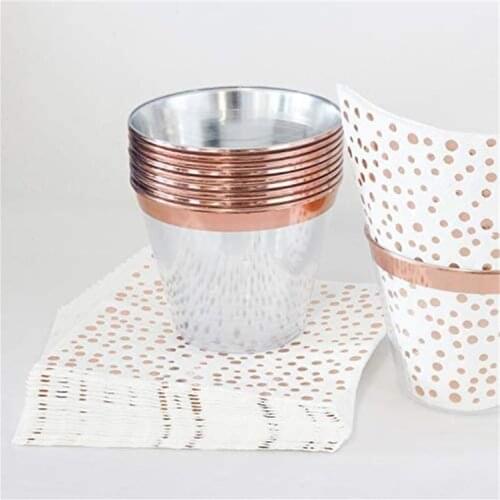 5pcs 9OZ Gold Transparant Plastic Cups Disposable Rose Golden Silver Glass Birthday Party Tumblers Rimmed Cups Wedding Clear
