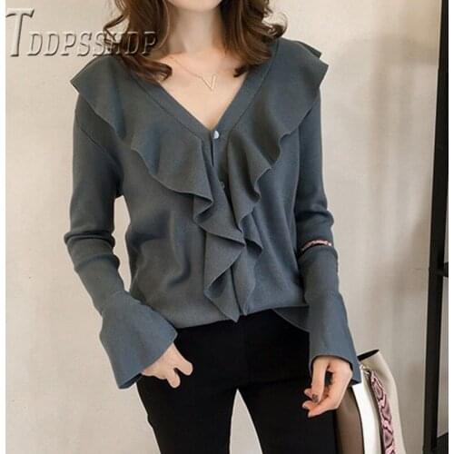 2020 Autumn Winter Chic Korean Ruffles Women Sweater Loose Short Style Female Sweaters