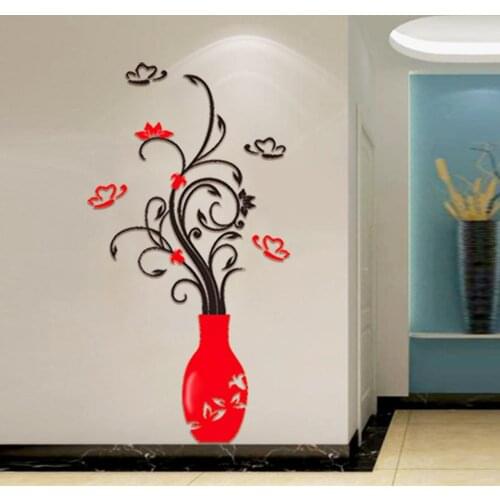 3D DIY Acrylic Flower Vase Pattern Wall Sticker Home Room Background Decal Decor Wall Stickers