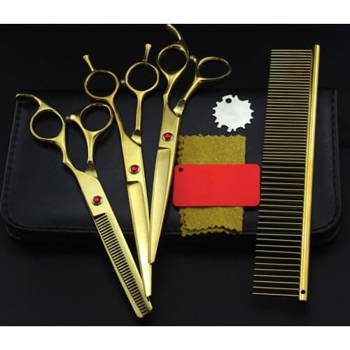 4 kit 7'' gold pet grooming cut hair cutting scissors dog sissors thinning barber haircutting shears case hairdressing scissors