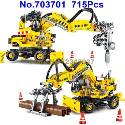 703701 715pcs 2in1 Urban Excavator Construction Vehicle Forklift Crane Gear Machine 2 Building Blocks Toy
