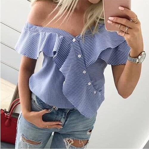 Womens Fashion One Shoulder Button Tops Casual Short Sleeve Ruffle Frilled Blouse Casual Lady Summer Stripe Shirts New Hot