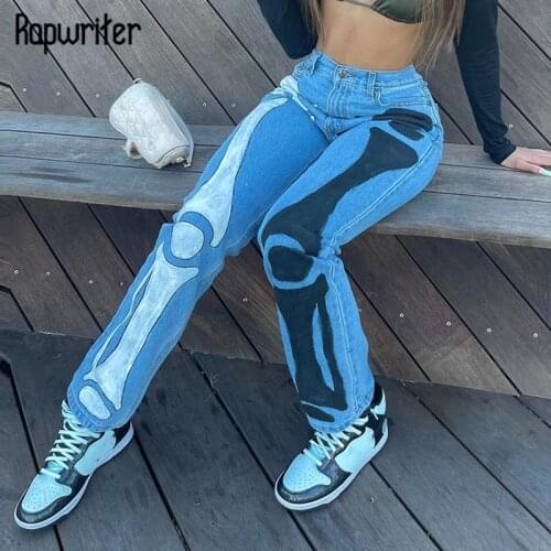 Rapwriter Stylish Skeleton Print Blue Jeans y2k High Waist Cargo Pants Harajuku Denim Trousers Autumn Streetwear Women Costume