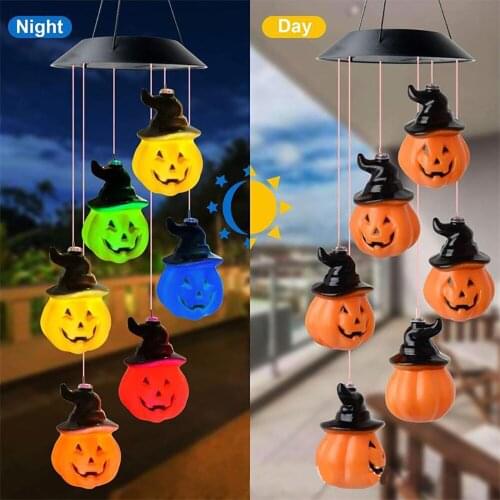 Solar Wind Chime Pumpkin Lantern Halloween Colorful Gradient LED Skull Head Outdoor Courtyard Garden Festival Decoration Light