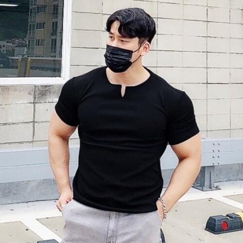 V-neck New Men Cotton Short Sleeve Summer body-building Fitness Running T-shirt Muscle Male Gym Tee Tops Shirt Sports Clothing