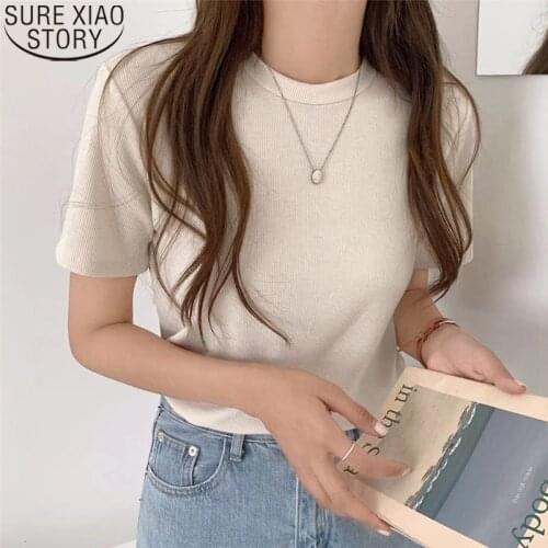 Casual Women T-shirts 2021 Summer Solid Fashion Knitted TShirt Short Sleeve Korean O Neck T Shirt Women Tees Tops Female 13913