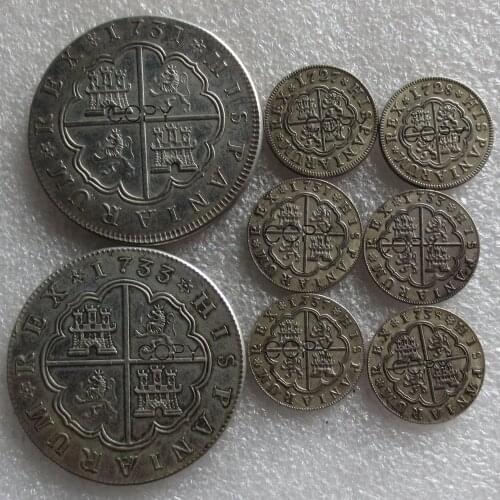 Spain Resl 1727-1738 8pcs Different Sizes Silver Plated Copy Coins