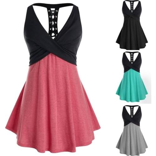 Tank Top Women Sleeveless Colorblock Shirt Summer Casual Ladies Lace Up Crossover Tanks V Neck Tops Plus Size