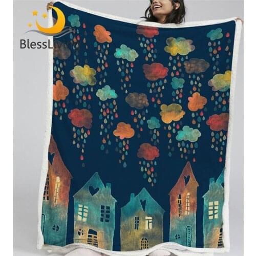 BlessLiving Fairy Tale Furry Blanket Cartoon Houses Plush Blanket Kids Sherpa Fleece Blanket Colorful Rainy Clouds Koce Dropship