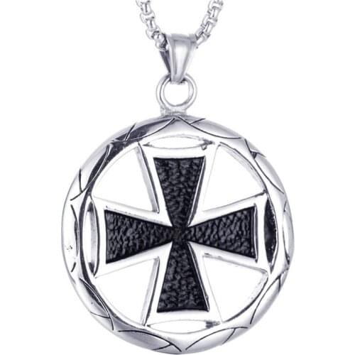 Fashion Cross Necklace Round Pendant for Men Stainless Steel Knights Templar Necklace Punk Male Jewelry