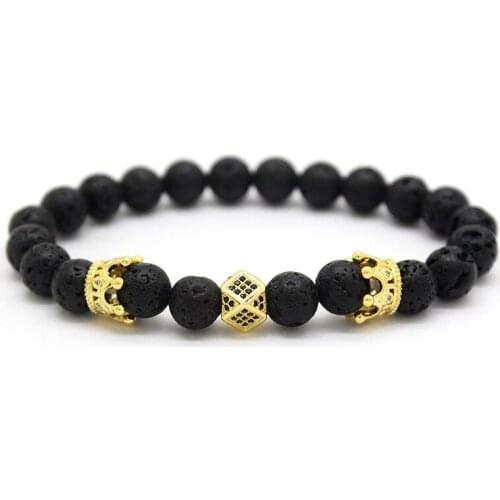 Fashion Natural Lava Stone beads Bracelet CZ Crown Geometric elasticity Bracelet For men women gift wrist Jewelry