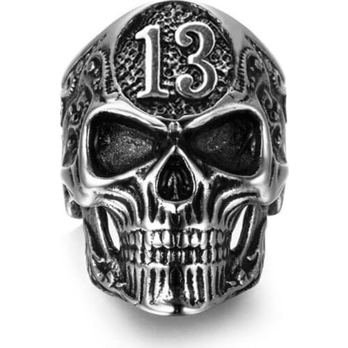 Creative Gothic Punk Mens Skull Number 13 Ring Fashion Domineering Personality Exaggerated Hip Hop Party Jewelry
