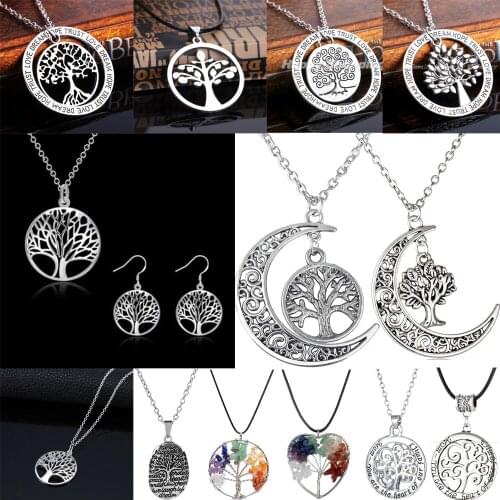 Hollow Tree of Life Stone Pendant Necklace Chain Family Love Inspirational Friend Women Girl Lover Wife Charm Wedding Jewelry