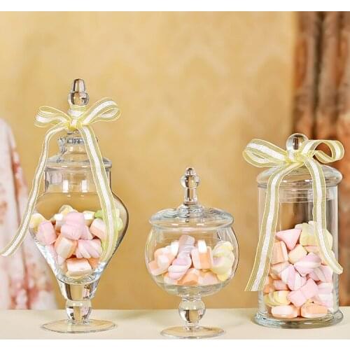European Style Transparent Glass Candy Jar with Glass Cover Wedding Dessert Display Stand Home Candy Storage Tank