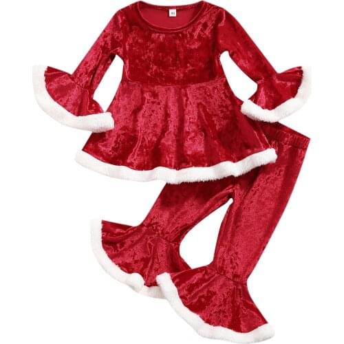 Pudcoco 2021 New Christmas 2 Pieces Kids Suit Set Round Neck Long Sleeve Tops+ Flared Trousers Clothing for Spring Fall 18M-6T