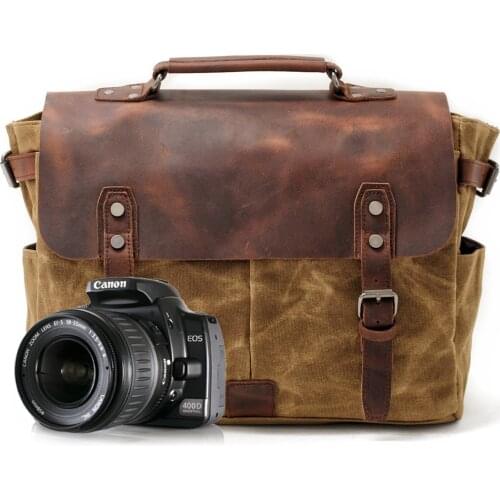Waxed Canvas with Crazy Horse Leather Messenger Bag Mens Shoulder Bag with Camera Liner Waterproof SLR Camera Bag