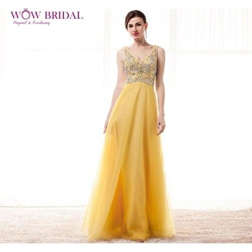 Wowbridal Graceful Crystal Prom Dress 2021 V-Neck Zipper Open Back Beaded Sequined Shirt Tulle Ruched A-Line Long Formal Dress