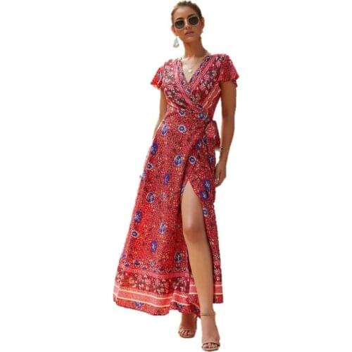 Jospoo 2020 Women Dresses Summer Floral Printing Long Dresses V-Neck Short Sleeve Ruffle Bohemia Female Dresses