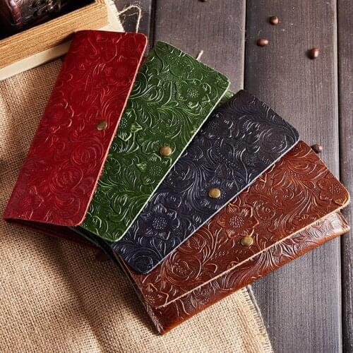 Womens Fashion Genuine Leather Vintage Personality Embossing Long Clutch Wallet Long Card Holder Slim Organizer Business Purse
