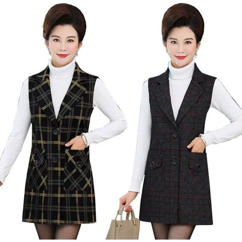 Spring Autumn Womens Lattice Sleeveless Jacket Long Vest New Middle-aged Mom Suit Waistcoat Sleeveless Blazer Coat Plus Size5XL