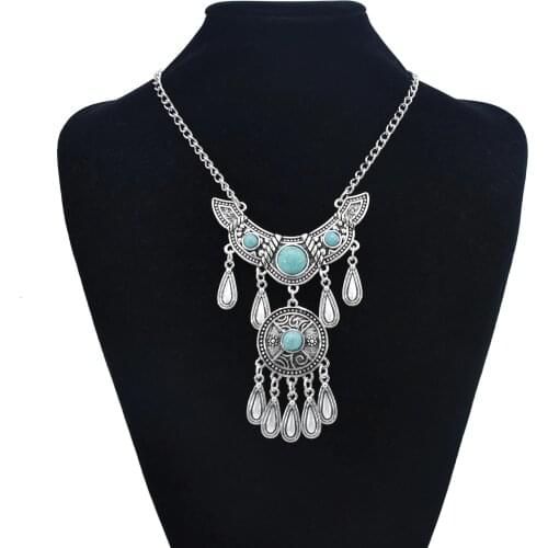 Bohemian vintage color resin beaded metal moon maxi collar necklace women Ethnic coin long tassel collares necklaces & pendants