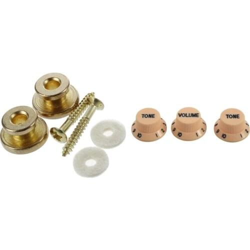 2Pcs Golden Strap Button with Mounting Screw with New Cream Dark Blue Font 1 Volume & 2 Tone Guitar Control Knobs