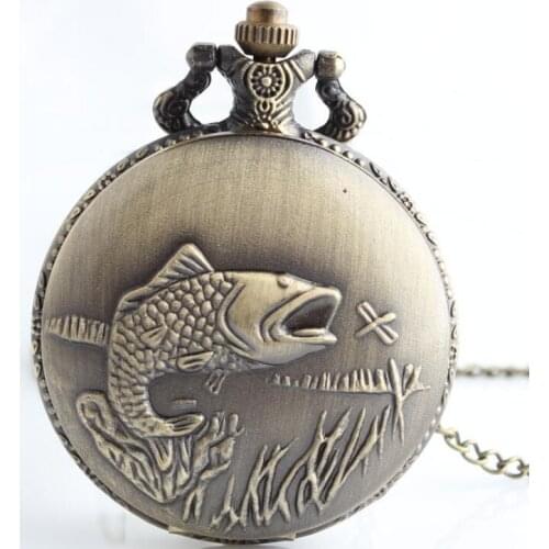 50pcs/lot Bronze Fish Quartz Pocket Watches Necklace Pendant Men Gift Watches for Christmas