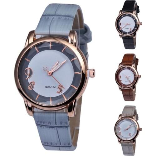 60% Dropshipping!!Lady Round Dial Bamboo Grain Faux Leather Band Number Analog Quartz Watch