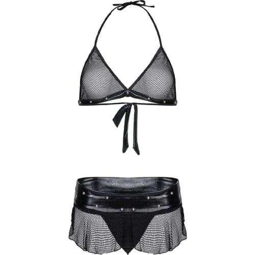 AIIOU Newest Patent Leather Women Sexy Lingerie Sets Bandage Mesh See Through Sling Bikini Couple Black Exotic Sets Underwear