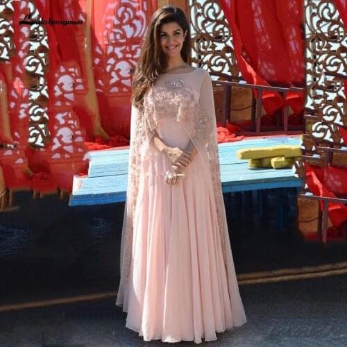 Arabic Elegant Pink Appliques Women Evening Dresses With Sheer Cape Beaded Chiffon Formal Gowns Indian Long Prom Dresses