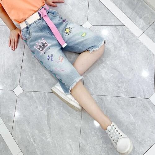 Denim Shorts Girls Jean Fashion Tassel Graffiti Casual High Waist Shorts 2021 Street New Kids Summer Loose Tassels Shorts Jeans