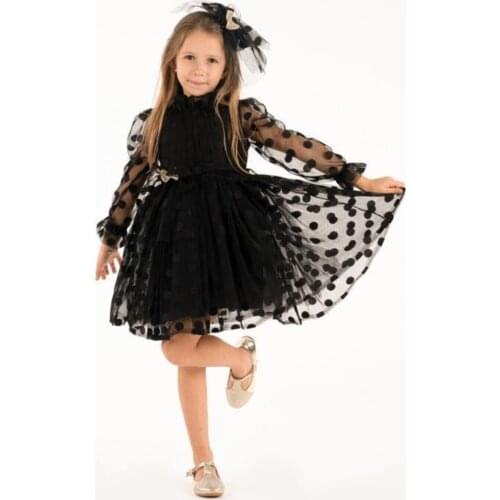 Flaneur Baby Girl Long Sleeve Black Spotted Dress For Summer 2021 Special Occasion Premium Quality Cotton Lining With Hair Clip