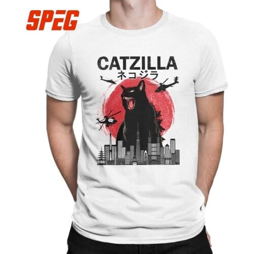Vintage Catzilla Japanese Sunset Cat Lover T-Shirt Men Novelty Pure Cotton Tee Shirt Round Collar Short 4XL 5XL Sleeve T Shirts