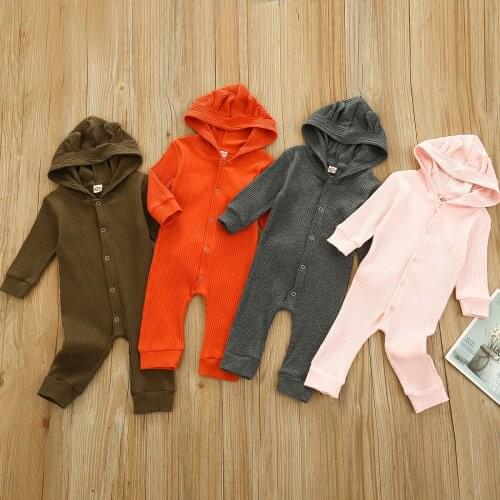 Imcute Newborn Baby Solid Color Romper with Ear Hat, Infant Long Sleeve Button Up Hooded Jumpsuit for Spring, Fall Jumpsuit New